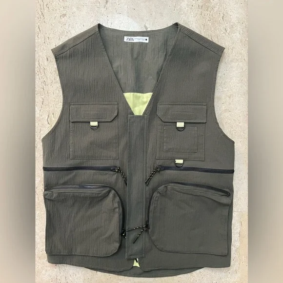 New Zara Olive Green Utility Vest Size Small - Picture 1 of 7